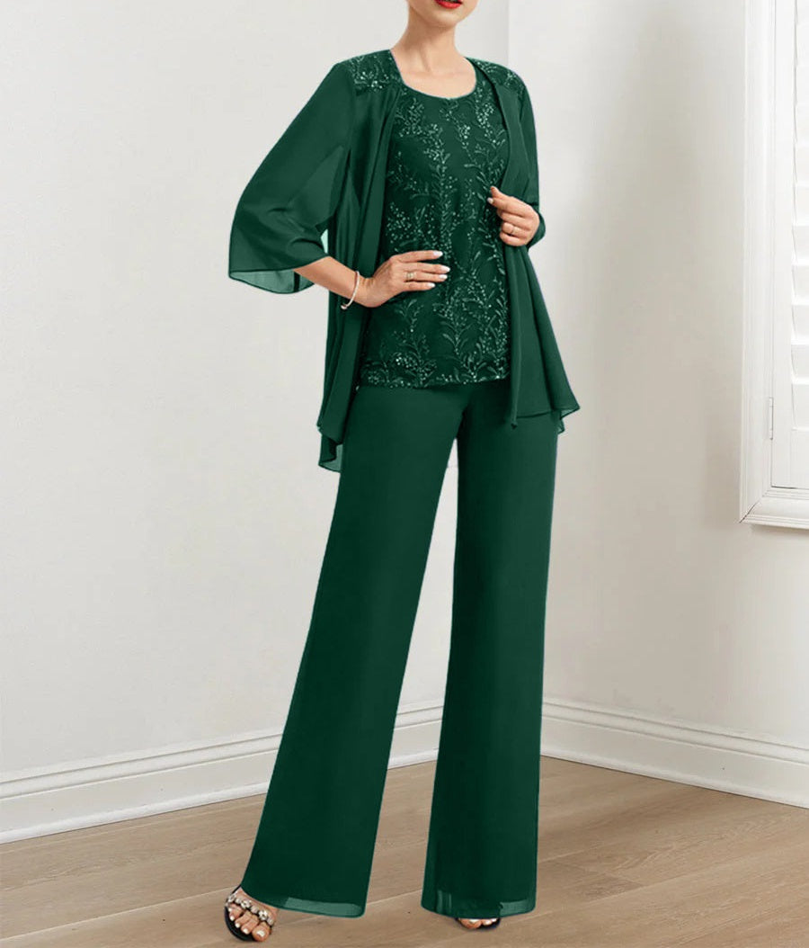 Chiffon Mother of the Bride Pantsuits with Sequins & Jacket