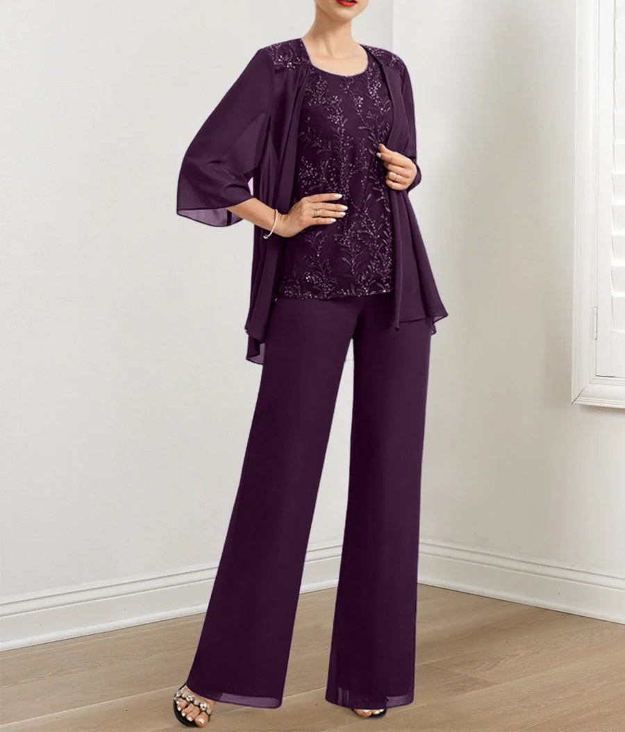 Chiffon Mother of the Bride Pantsuits with Sequins & Jacket