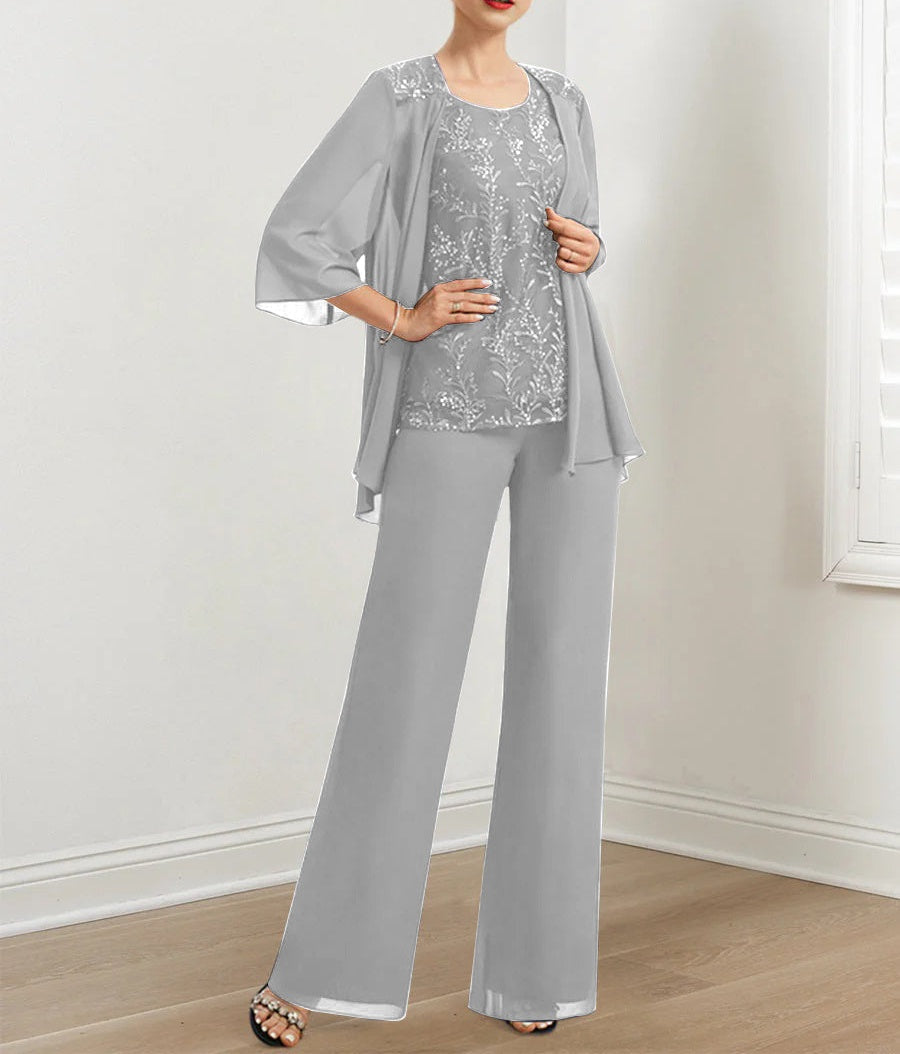Chiffon Mother of the Bride Pantsuits with Sequins & Jacket