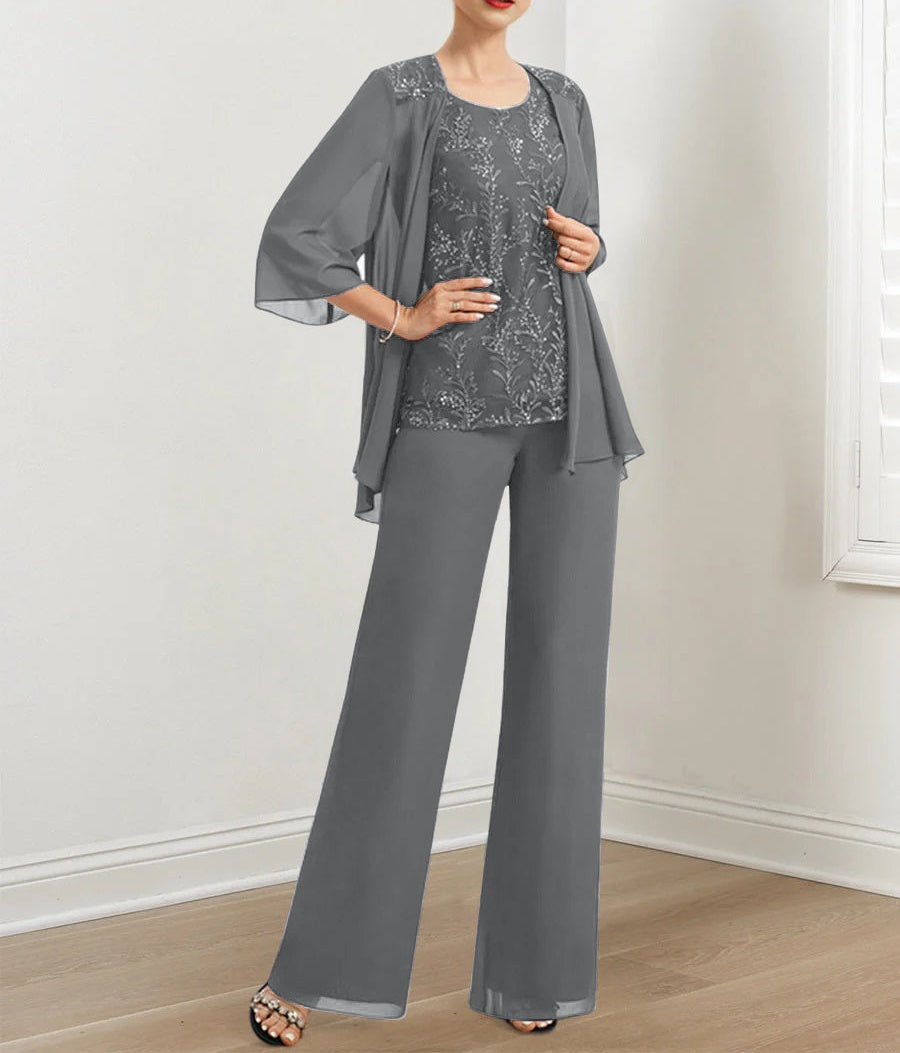 Chiffon Mother of the Bride Pantsuits with Sequins & Jacket