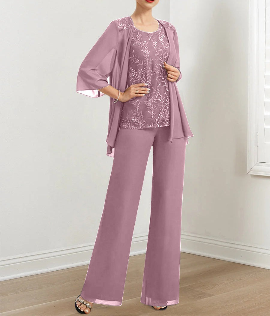 Chiffon Mother of the Bride Pantsuits with Sequins & Jacket