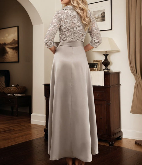 Classic V-Neck Bow Accented Satin Mother Of The Bride Dress With Lace