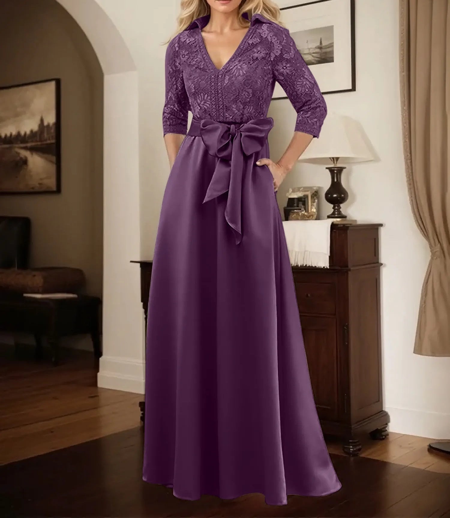 Classic V-Neck Bow Accented Satin Mother Of The Bride Dress With Lace