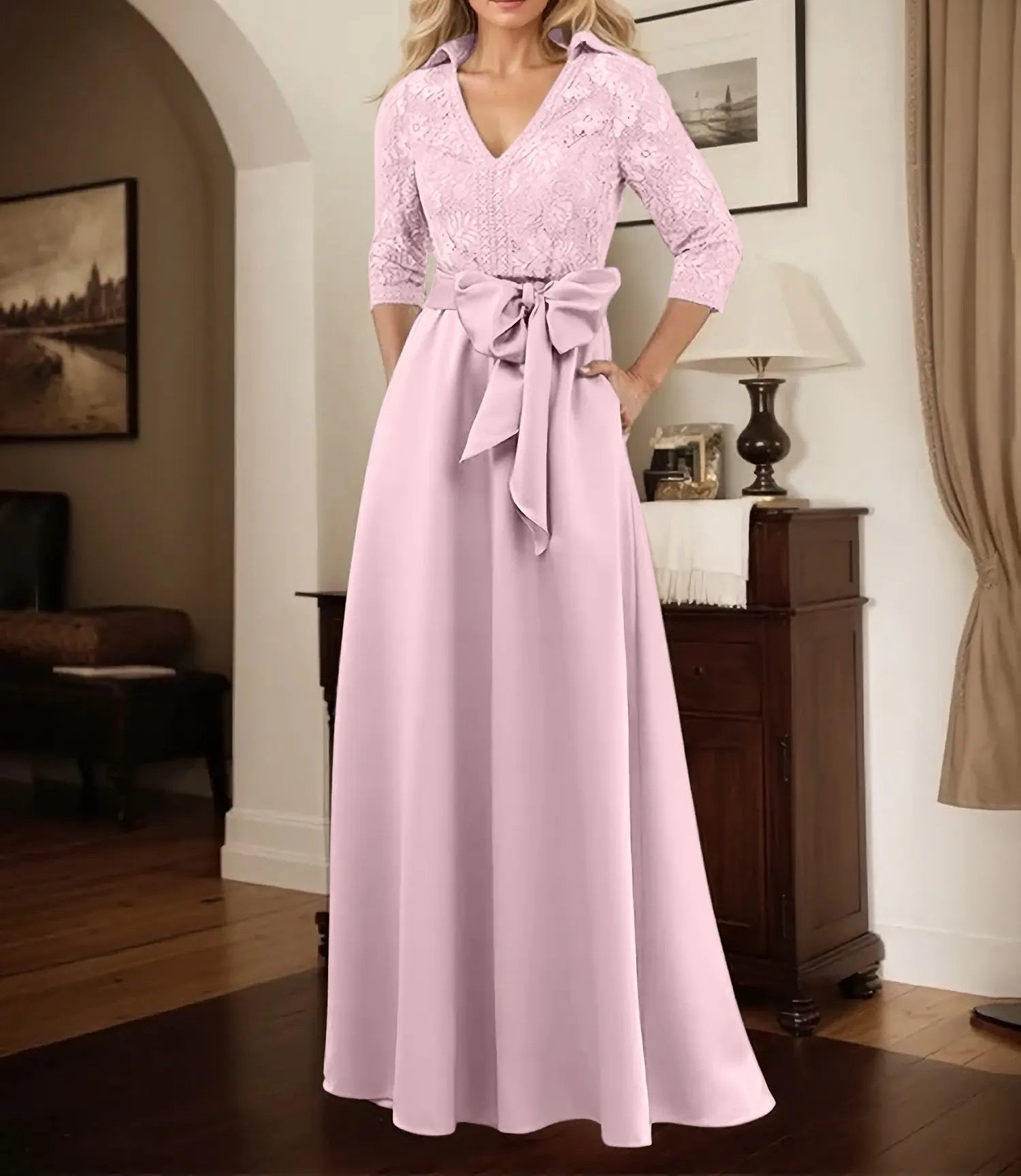 Classic V-Neck Bow Accented Satin Mother Of The Bride Dress With Lace
