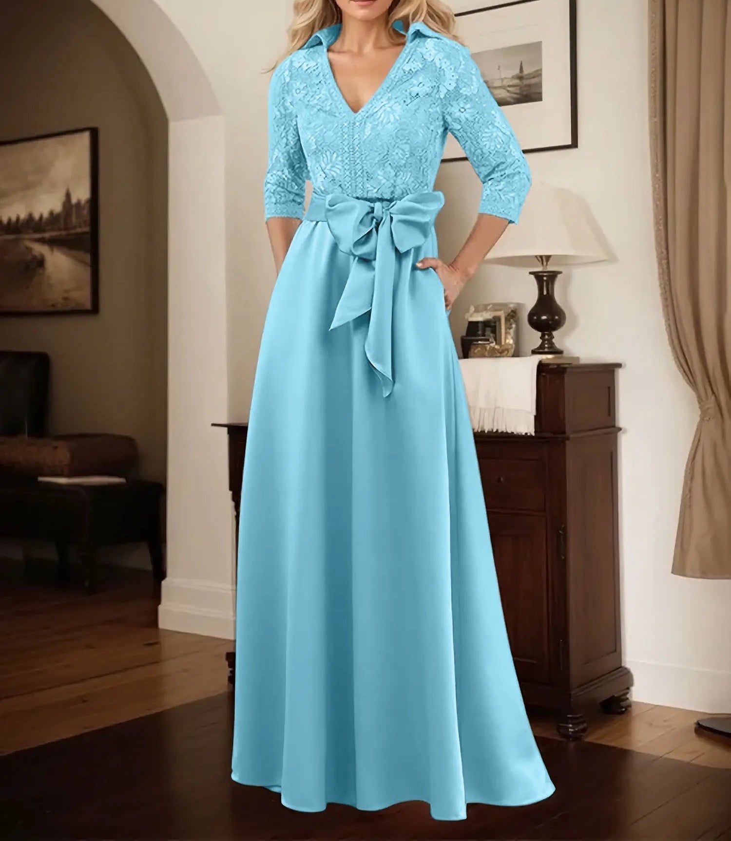 Classic V-Neck Bow Accented Satin Mother Of The Bride Dress With Lace