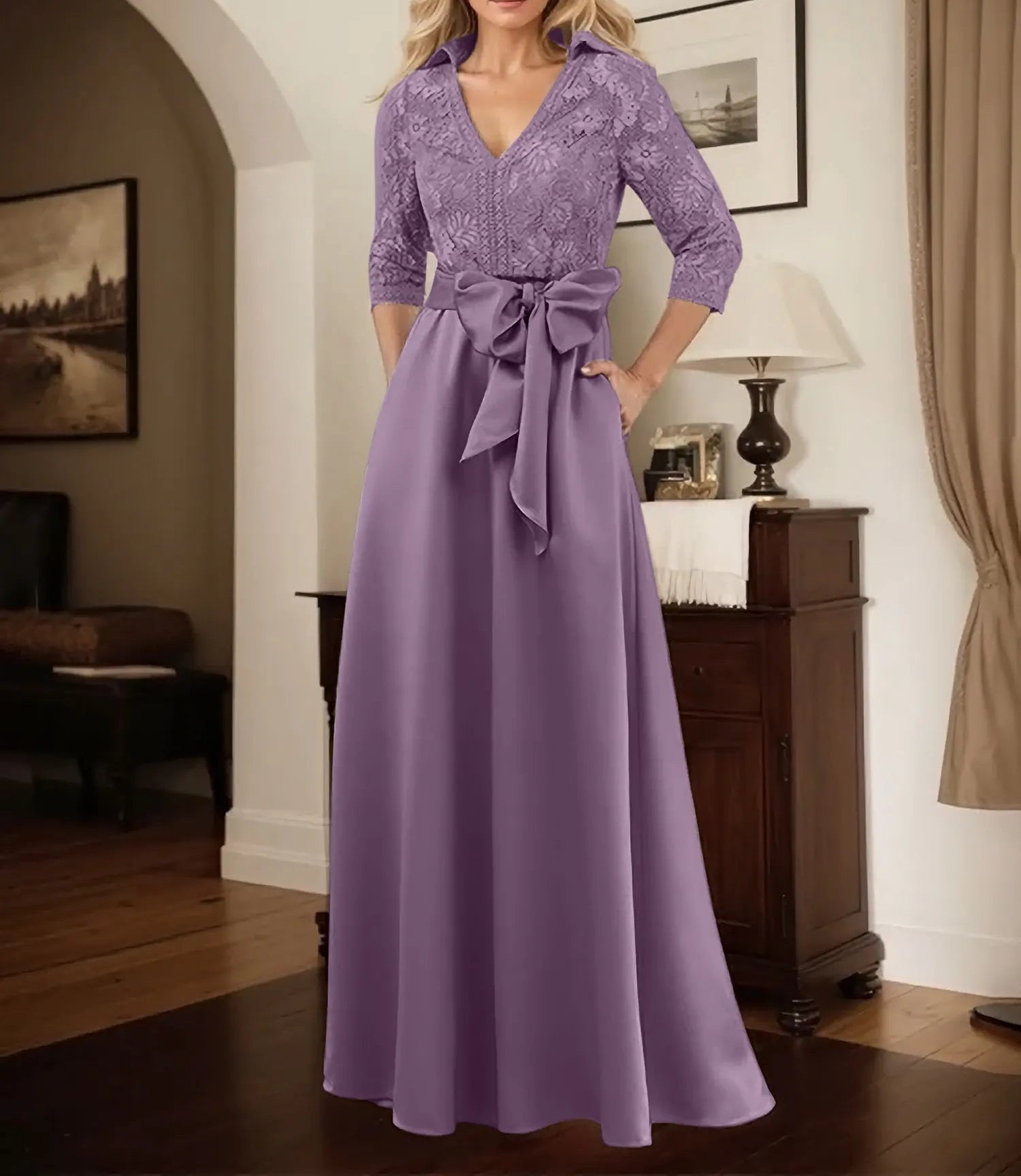 Classic V-Neck Bow Accented Satin Mother Of The Bride Dress With Lace