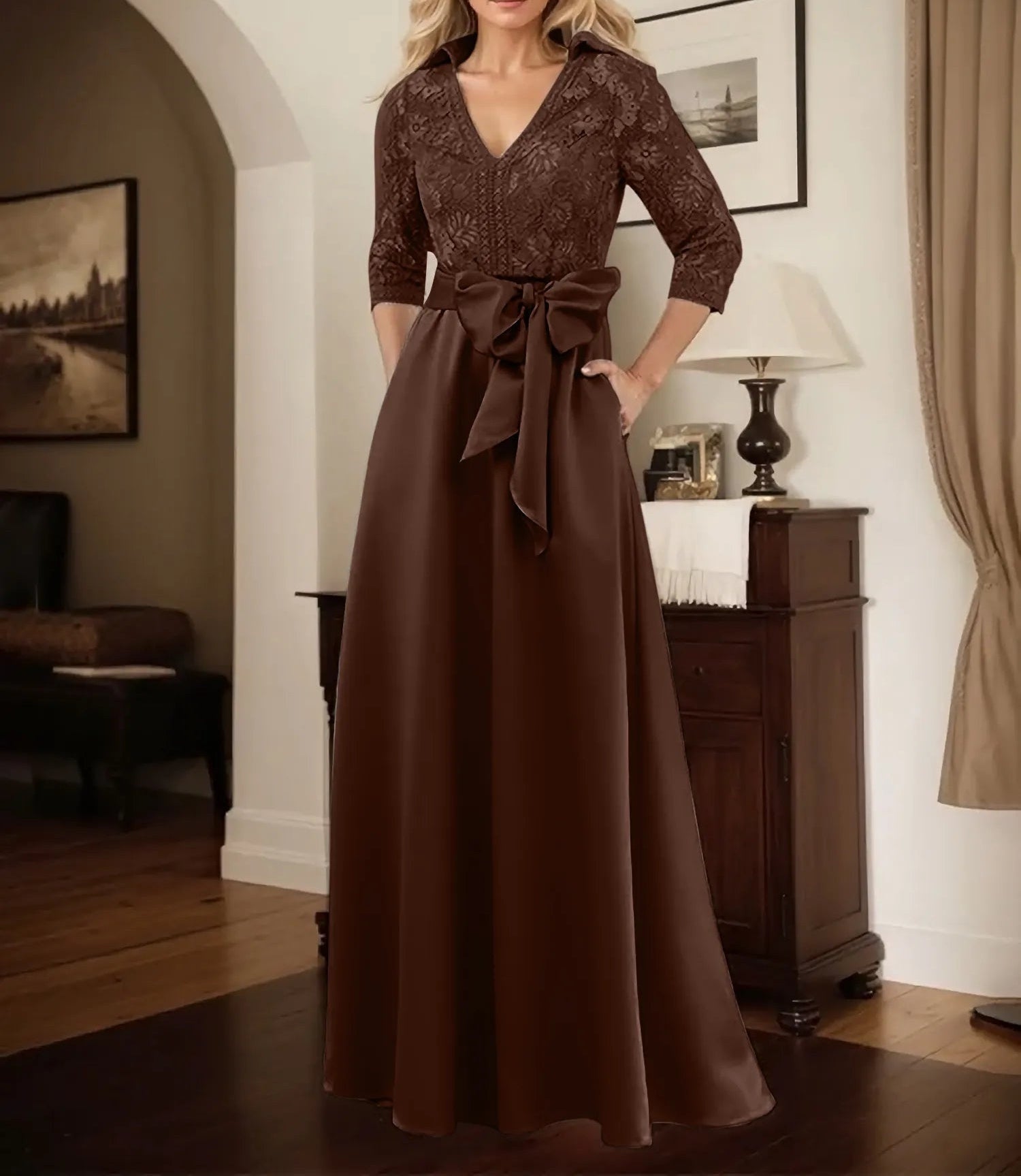 Classic V-Neck Bow Accented Satin Mother Of The Bride Dress With Lace
