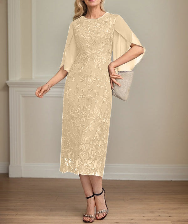 Sheath/Column Scoop Tea-Length Lace Chiffon Mother of the Bride Dress