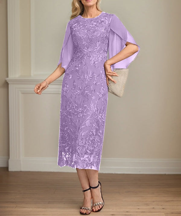 Sheath/Column Scoop Tea-Length Lace Chiffon Mother of the Bride Dress