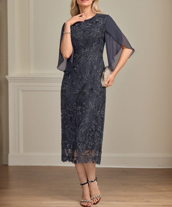 Sheath/Column Scoop Tea-Length Lace Chiffon Mother of the Bride Dress