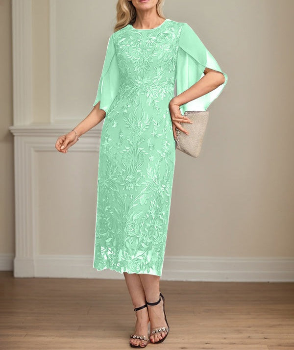 Sheath/Column Scoop Tea-Length Lace Chiffon Mother of the Bride Dress