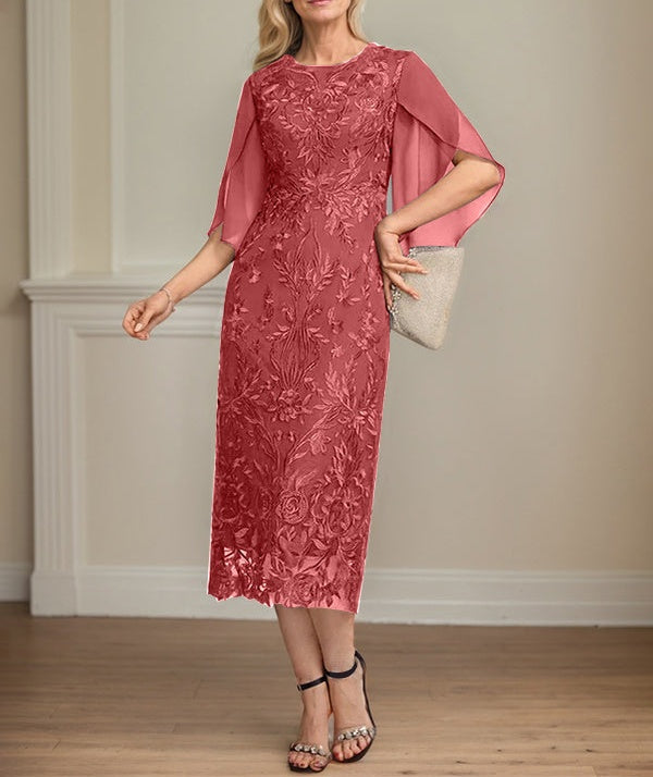 Sheath/Column Scoop Tea-Length Lace Chiffon Mother of the Bride Dress