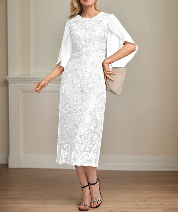 Sheath/Column Scoop Tea-Length Lace Chiffon Mother of the Bride Dress
