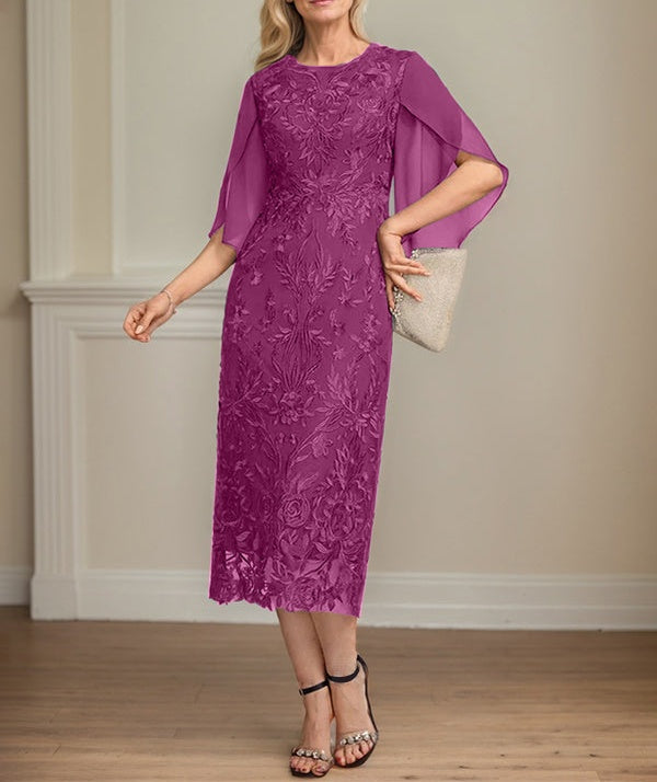 Sheath/Column Scoop Tea-Length Lace Chiffon Mother of the Bride Dress