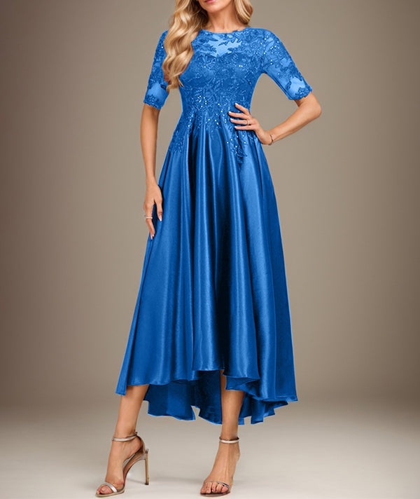 A-line Scoop Illusion Asymmetrical Stretch Satin Lace Mother of the Bride Dress With Sequins