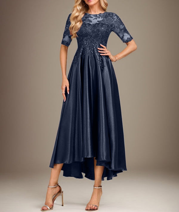 A-line Scoop Illusion Asymmetrical Stretch Satin Lace Mother of the Bride Dress With Sequins
