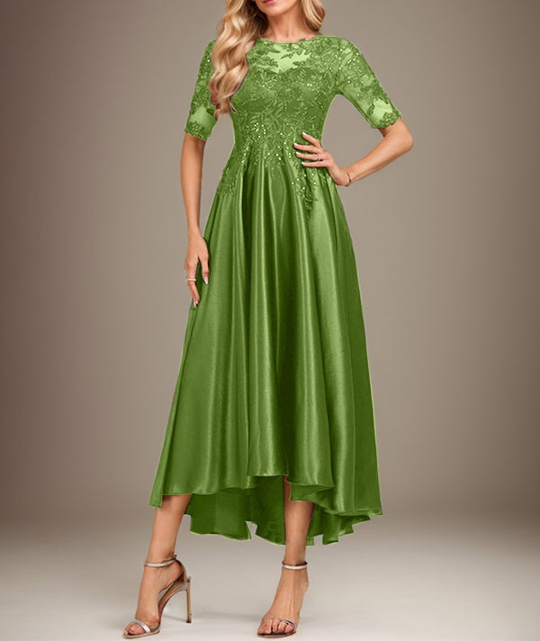 A-line Scoop Illusion Asymmetrical Stretch Satin Lace Mother of the Bride Dress With Sequins