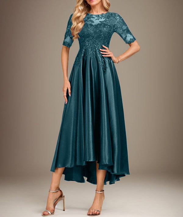 A-line Scoop Illusion Asymmetrical Stretch Satin Lace Mother of the Bride Dress With Sequins