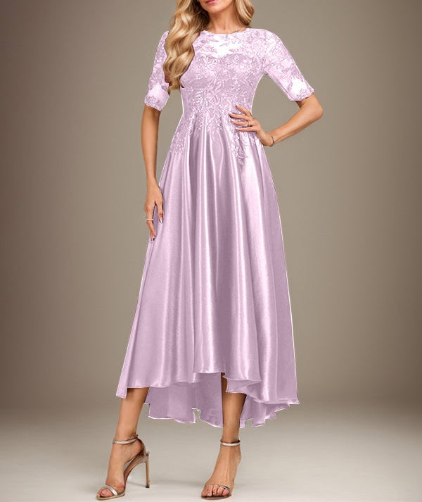 A-line Scoop Illusion Asymmetrical Stretch Satin Lace Mother of the Bride Dress With Sequins