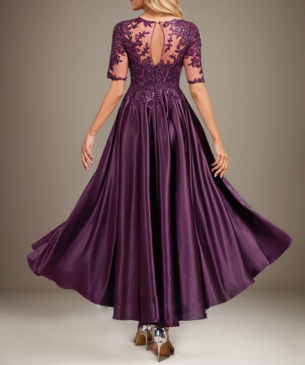 A-line Scoop Illusion Asymmetrical Stretch Satin Lace Mother of the Bride Dress With Sequins