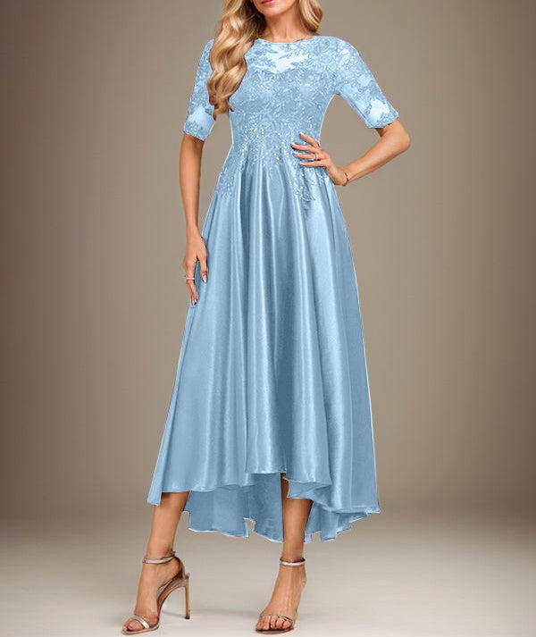 A-line Scoop Illusion Asymmetrical Stretch Satin Lace Mother of the Bride Dress With Sequins