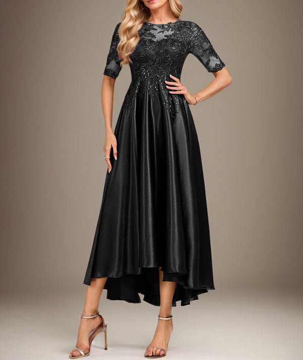 A-line Scoop Illusion Asymmetrical Stretch Satin Lace Mother of the Bride Dress With Sequins