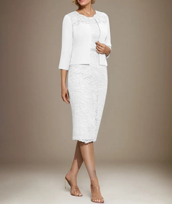 Sheath/Column Scoop Knee-Length Chiffon Lace Mother of the Bride Dress With Beading