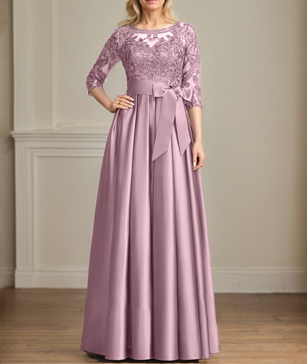 A-line Scoop Illusion Floor-Length Satin Lace Mother of the Bride Dress With Sequins Bow