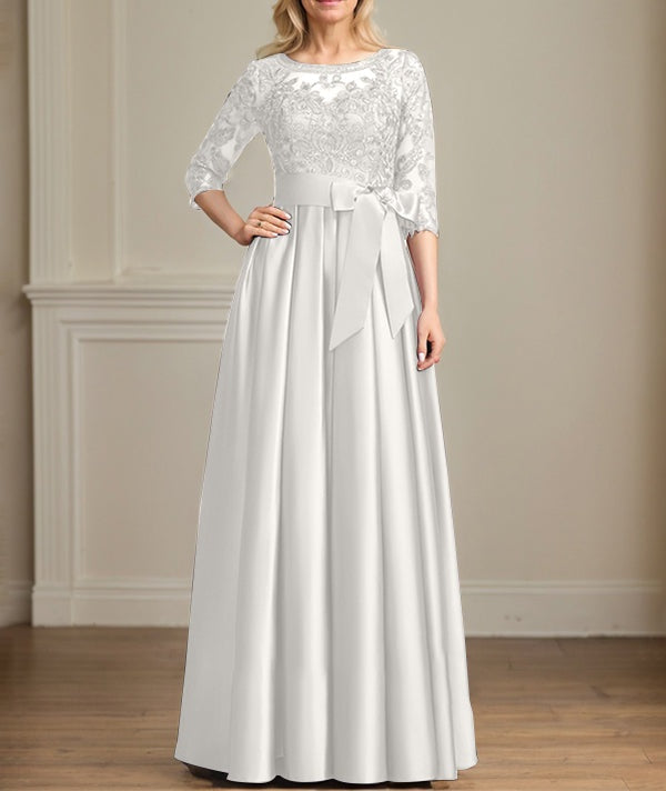 A-line Scoop Illusion Floor-Length Satin Lace Mother of the Bride Dress With Sequins Bow