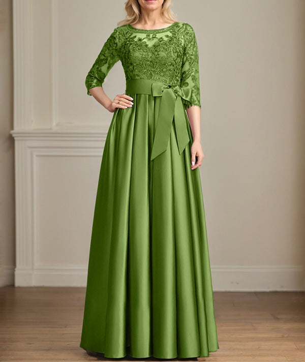 A-line Scoop Illusion Floor-Length Satin Lace Mother of the Bride Dress With Sequins Bow
