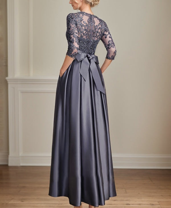 A-line Scoop Illusion Floor-Length Satin Lace Mother of the Bride Dress With Sequins Bow