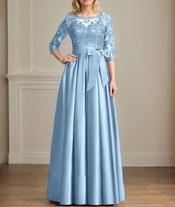A-line Scoop Illusion Floor-Length Satin Lace Mother of the Bride Dress With Sequins Bow