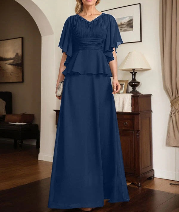A-line V-Neck Floor-Length Chiffon Mother of the Bride Dress With Pleated Beading
