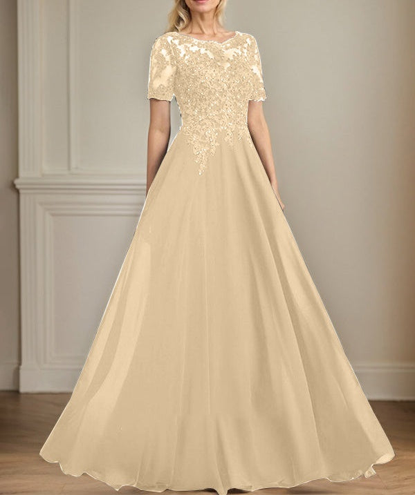 A-line Scoop Illusion Floor-Length Chiffon Lace Mother of the Bride Dress With Sequins Beading