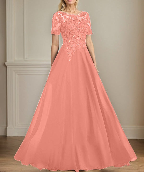 A-line Scoop Illusion Floor-Length Chiffon Lace Mother of the Bride Dress With Sequins Beading