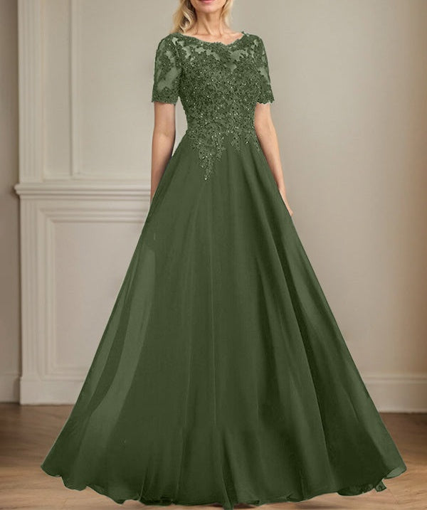 A-line Scoop Illusion Floor-Length Chiffon Lace Mother of the Bride Dress With Sequins Beading
