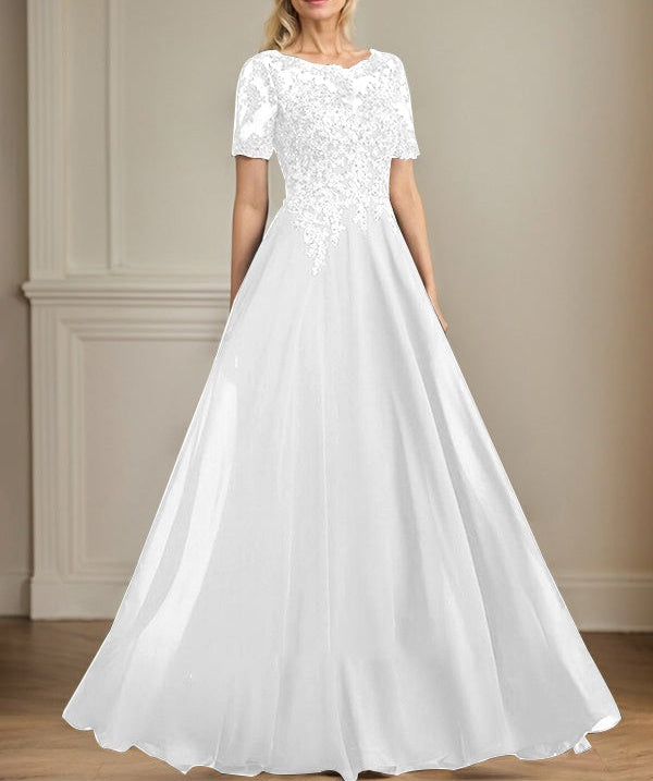 A-line Scoop Illusion Floor-Length Chiffon Lace Mother of the Bride Dress With Sequins Beading
