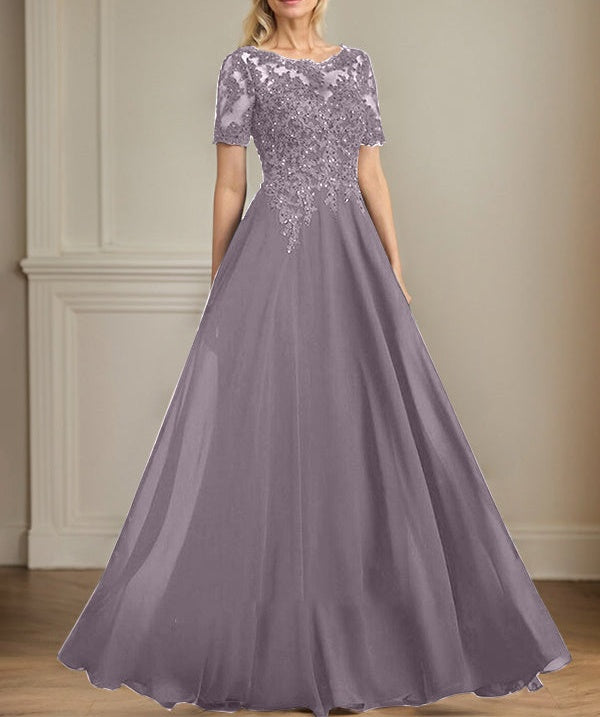 A-line Scoop Illusion Floor-Length Chiffon Lace Mother of the Bride Dress With Sequins Beading