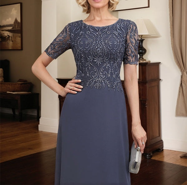A-line Scoop Floor-Length Lace Chiffon Mother of the Bride Dress With Sequins