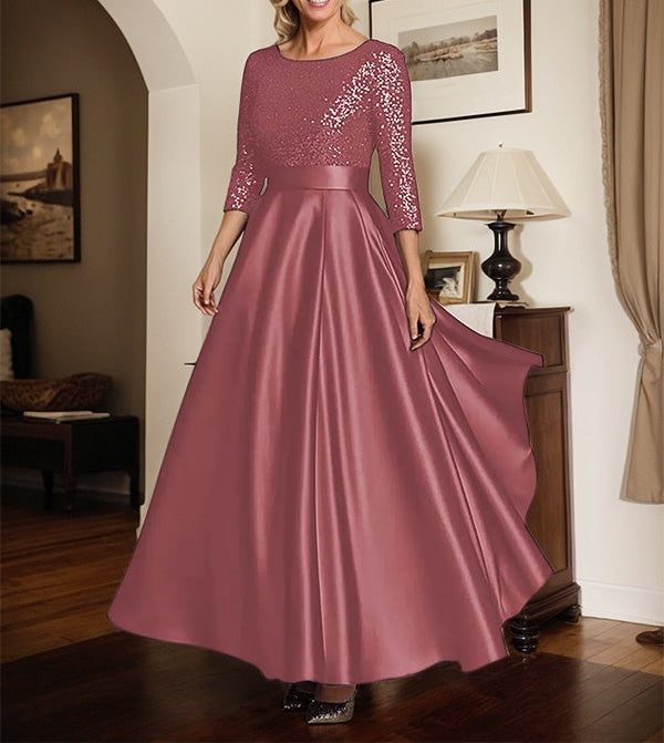 Sparkly Navy Scoop Neck Satin Mother of the Bride Dress with Sequins