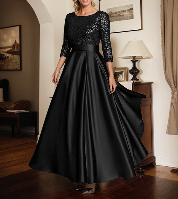 Sparkly Navy Scoop Neck Satin Mother of the Bride Dress with Sequins