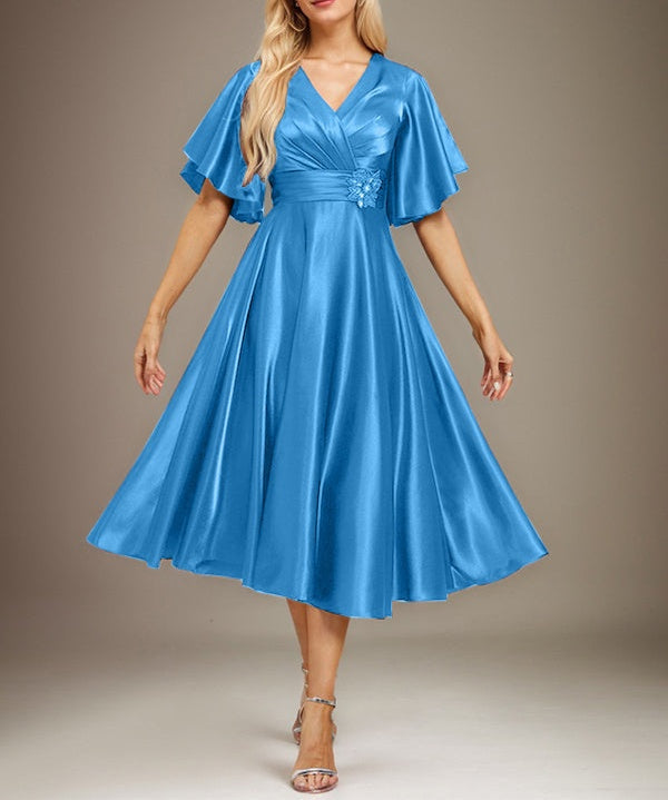 A-line V-Neck Tea-Length Stretch Satin Mother of the Bride Dress With Beading Pleated