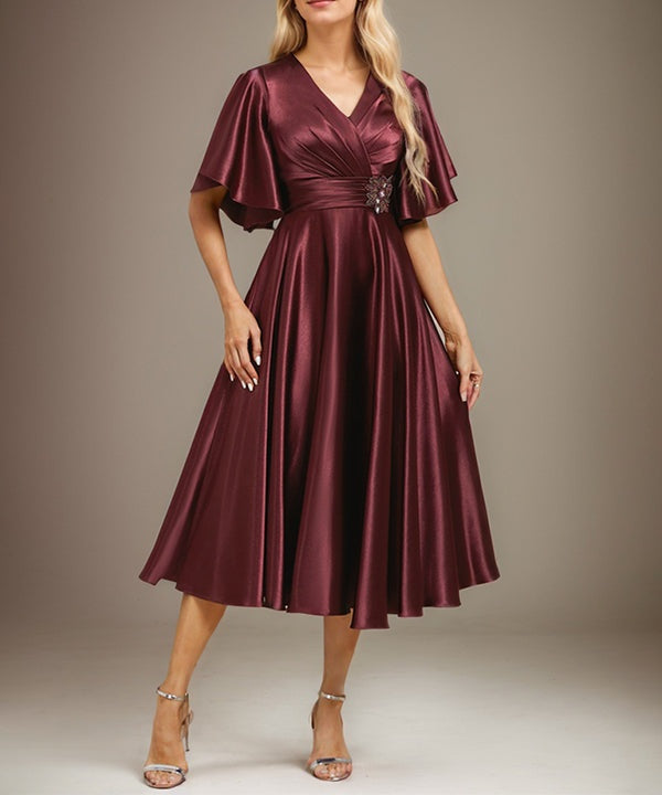 A-line V-Neck Tea-Length Stretch Satin Mother of the Bride Dress With Beading Pleated