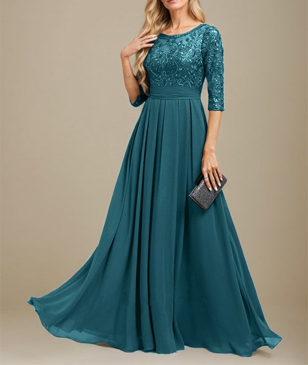 A-Line Scoop Floor-Length Lace Chiffon Mother Of the Bride Dress With Sequins Applique