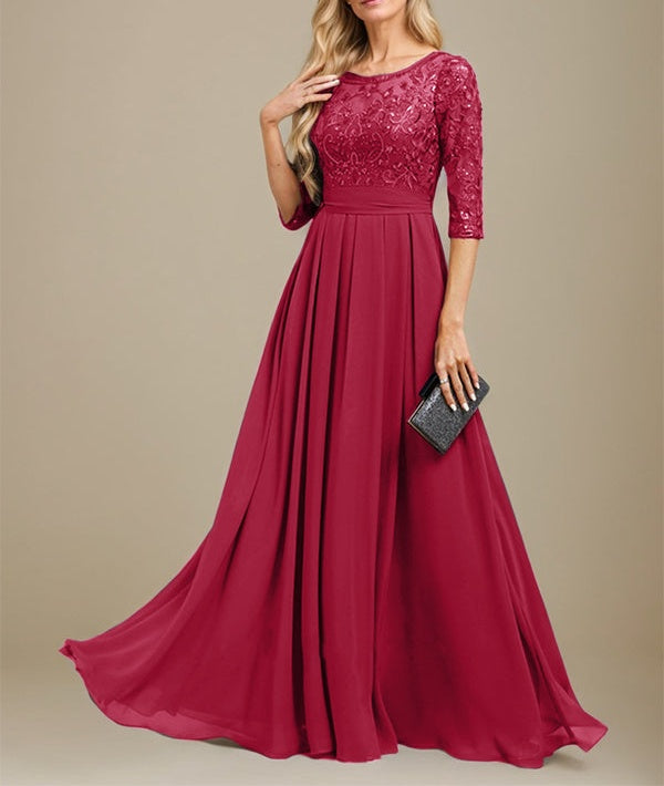 A-Line Scoop Floor-Length Lace Chiffon Mother Of the Bride Dress With Sequins Applique