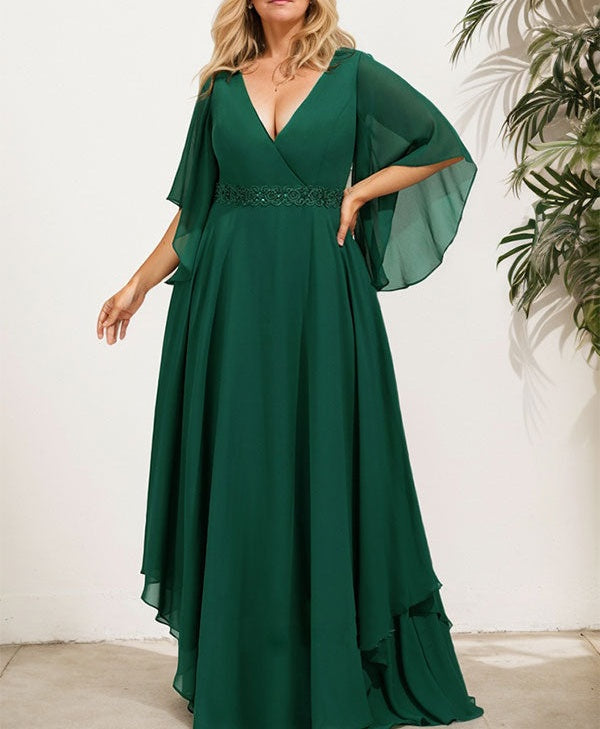 A-line V-Neck Floor-Length Chiffon Mother of the Bride Dress With Sequins Appliques Lace Beading