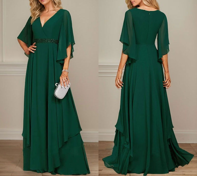 A-line V-Neck Floor-Length Chiffon Mother of the Bride Dress With Sequins Appliques Lace Beading