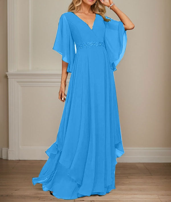 A-line V-Neck Floor-Length Chiffon Mother of the Bride Dress With Sequins Appliques Lace Beading
