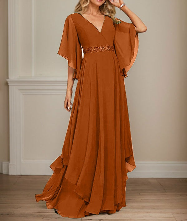 A-line V-Neck Floor-Length Chiffon Mother of the Bride Dress With Sequins Appliques Lace Beading