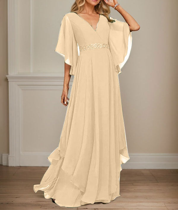 A-line V-Neck Floor-Length Chiffon Mother of the Bride Dress With Sequins Appliques Lace Beading